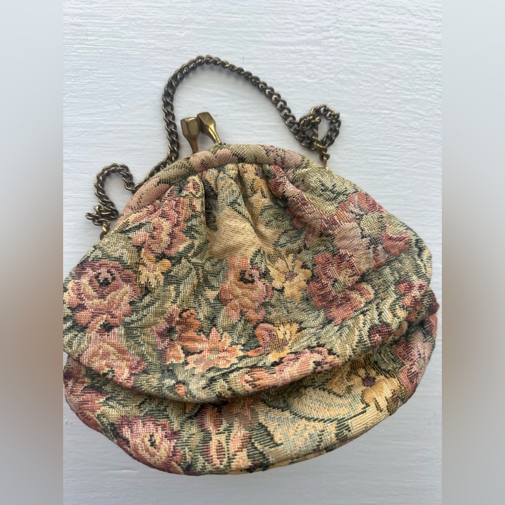 Vintage French Floral Tapestry Clutch with Chain